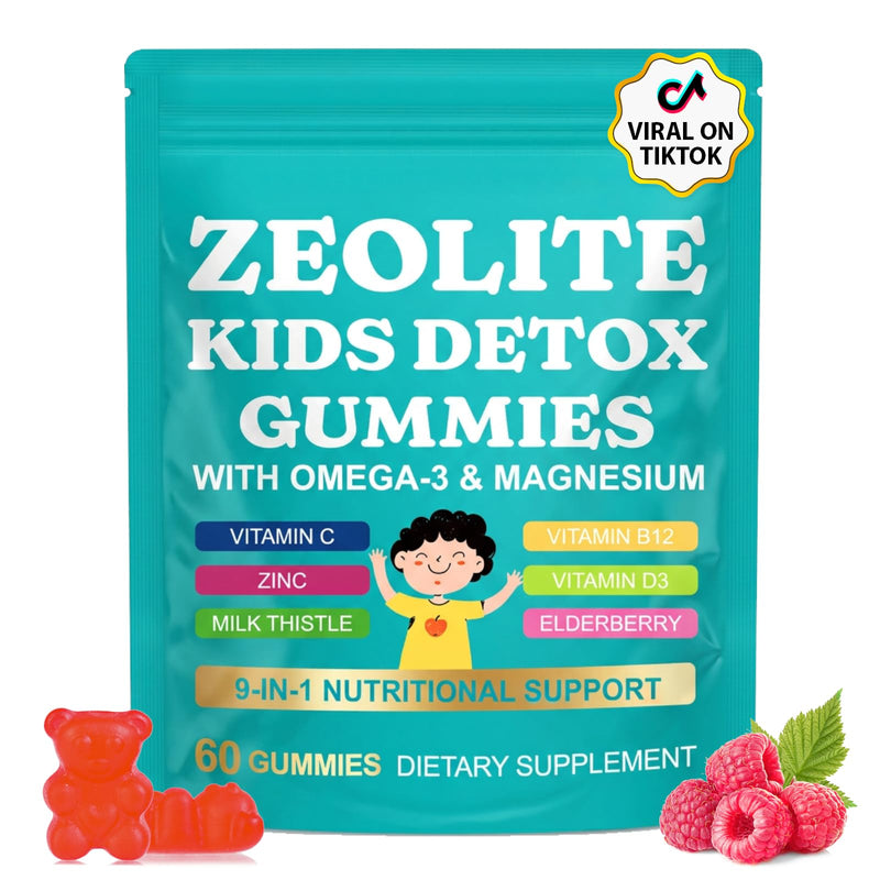 Zeolite Kids Detox Gummies,Zeolite Detox for Kids & Adults,9-in-1 All in One Daily Kids Supplement with Zeolite,Elderberry,Omega-3,Magnesium,Vitamin,Milk Thistle,Zinc,B12,Sugar Free 60 Gummies