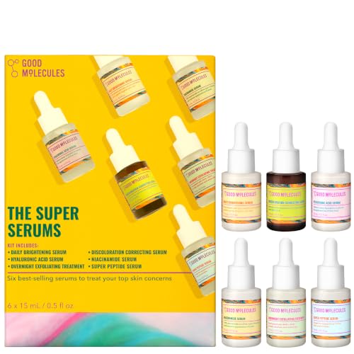 Good Molecules The Super Serums Discovery Set – 6 Mini Serums (0.5 Fl Oz Each) – Hyaluronic Acid, Niacinamide, Discoloration Correcting, Daily Brightening, Super Peptide & Overnight Exfoliating 15ml x 6