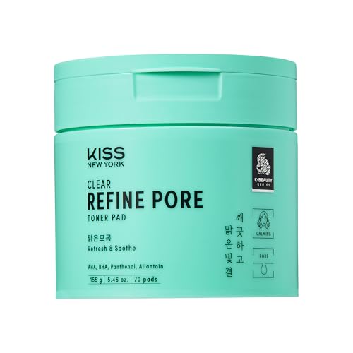 KISS NEW YORK Clear Refine Pore Toner Pads, Dual-Textured Facial Pore Pad Gently Exfoliates & Deeply Hydrates with AHA BHA Panthenol & Allantoin, Korean Skincare Soothes Sensitive Skin, 70 Count