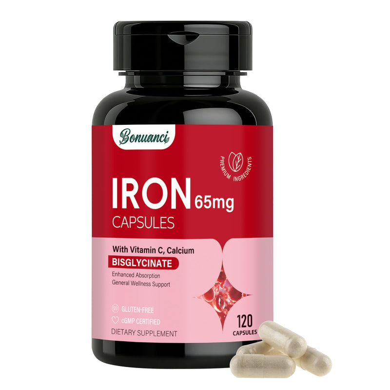 Iron Supplement - Iron 65mg High Absorption Iron Bisglycinate with Vitamin C, Calcium, Gentle Iron Pills for Women Men - Non GMO & Gluten Free, Stomach Friendly, 120 Capsules 120 Count (Pack of 1)