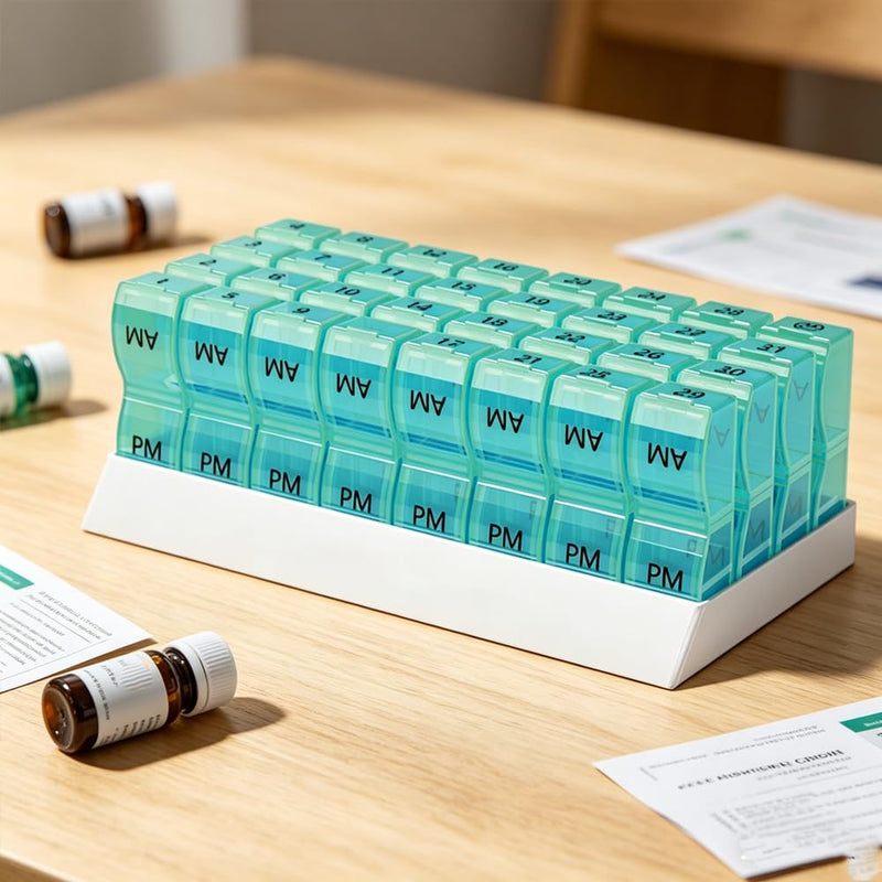 Monthly Pill Organizer, 31 Day Pills Case for Hold Vitamin and Travel Medicine, Portable Pill Storage Box, Cyan