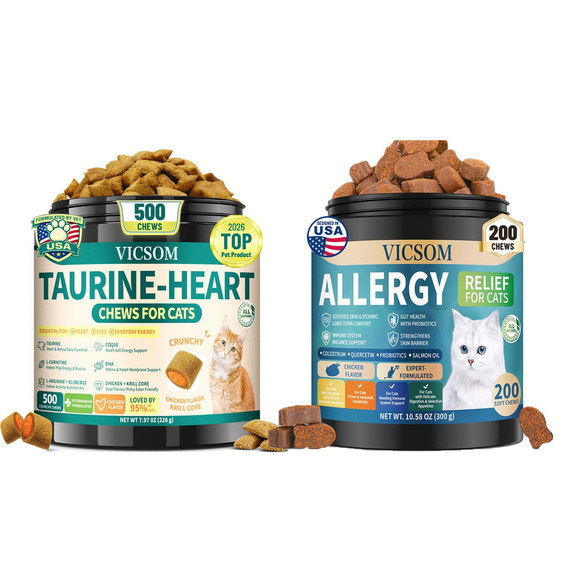 Cat Daily Wellness Bundle: Taurine + CoQ10 Crunchy Chews & Skin/Coat Comfort Soft Chews, Heart, Vision, Immune, Digestive & Coat Support for Adult & Senior Cats, Chicken Flavor