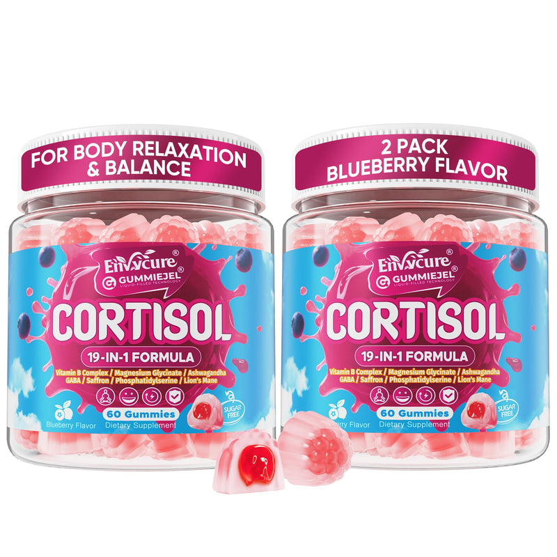 Cortisol Gummies for Women & Men, 19-IN-1 High Cortisol Reducer Supplement w/B Vitamins, Magnesium Glycinate, Ashwagandha, Saffron, Lion's Mane, Reshi for Relaxation, Focus & Balance Support, 2 Packs 60 Count (Pack of 2)