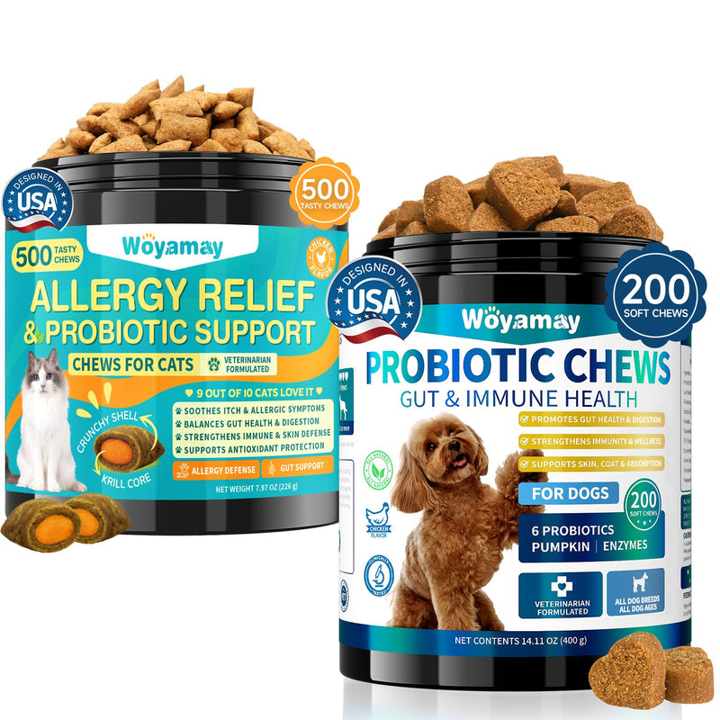 Dog & Cat Probiotics Chews, Gut Health for Dogs + Allergy Itch Relief for Cats, Digestive Immune Skin Support, Multi-Pet Household Solution, Chicken Flavor Soft & Crunchy Chews