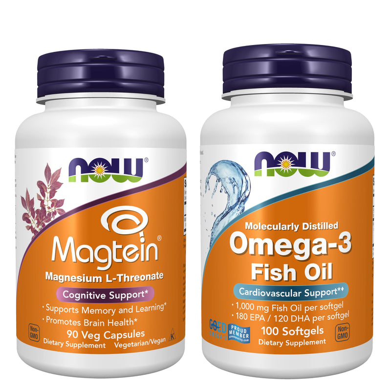 Now Foods Neuro-Cardio Bundle - Magtein® + Omega-3 Fish Oil Supplements | Magnesium L-Threonate Capsules 90ct + Omega-3 Fish Oil Supplements 180 EPA/120 DHA 100ct - Brain & Cardiovascular Support* 95 Count (Pack of 2)