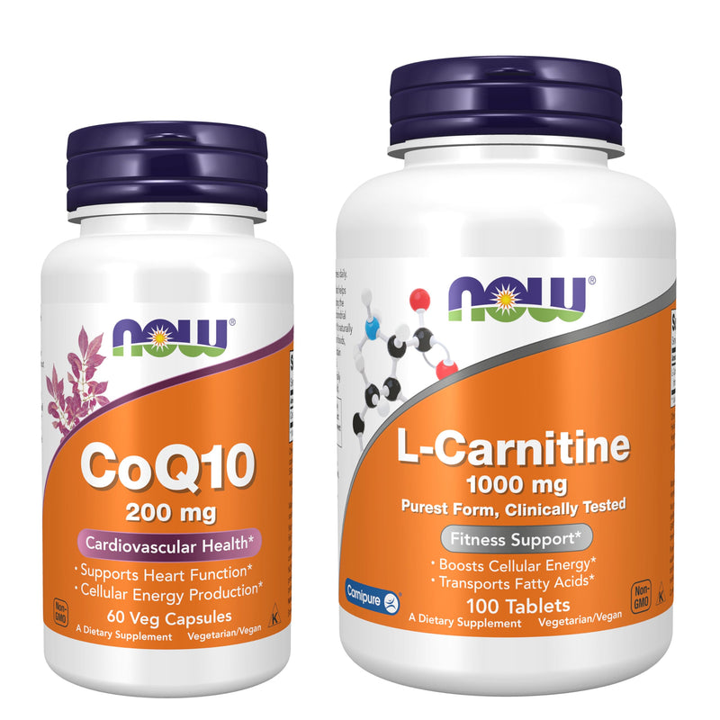 Now Foods Cellular Energy Bundle* - Coenzyme Q10 + L-Carnitine Supplements | CoQ10 for Women and Men 200mg 60ct + L-Carnitine 1000mg 100ct - Supports Cardiovascular Health, Cellular Energy and Wellness*