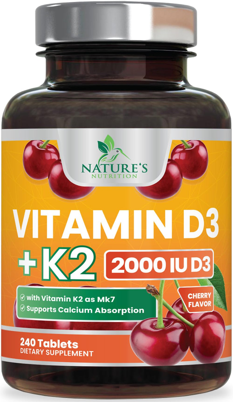 Vitamin D3 K2 Supplement - 2000 IU D3 Per Serving - Extra Strength MK-7 K with Vitamin D3 - For Immune Support, Heart, Teeth & Bone Health - Easy to Swallow D3K2 Chewable, Berry Flavor - 240 Tablets 240 Count (Pack of 1)