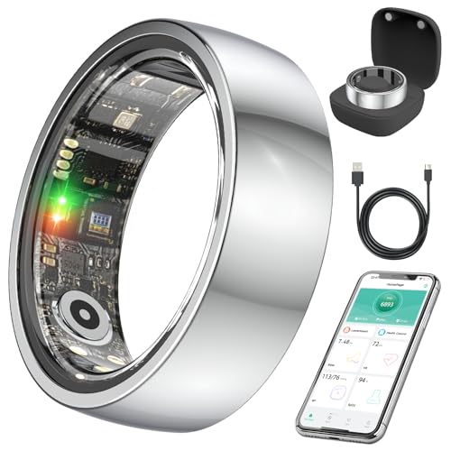 Smart Health Ring,Fitness Rings Tracker with Blood Pressure Monitor Heart Rate Blood Oxygen Sleep Monitor IP68 Waterproof Step Counter Calorie Tracker Health Rings for Women Men Android iOS Phones Silver 7