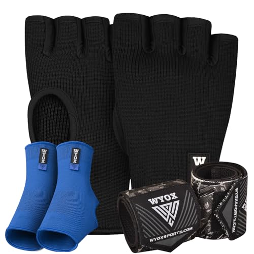 WYOX 3-in-1 Training Bundle – Boxing Inner Gloves Half Finger Quick Wraps, Adjustable Wrist Wraps for Weightlifting & Compression Ankle Brace Support for MMA, Gym, Kickboxing, Men & Women
