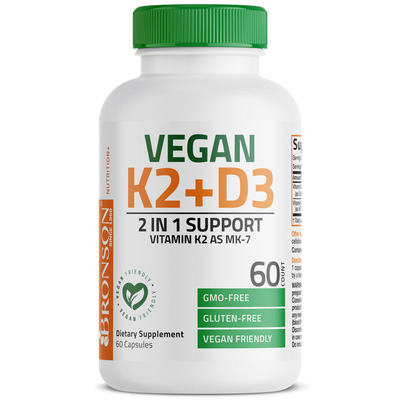 Bronson Vitamin K2+D3 Vegan 2 in 1 Support Vitamin K2 As MK-7, 60 Capsules | Vegan 2-in-1 Immune, Bone & Heart Health Support Formula, Gluten Free, Non GMO 60 Count (Pack of 1)
