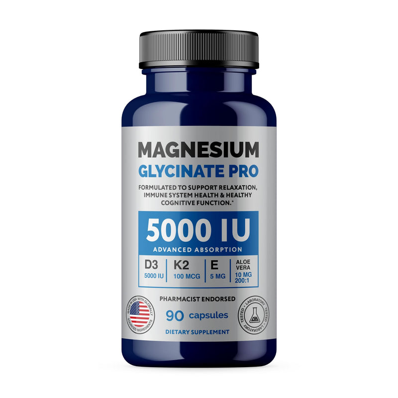 Magnesium Glycinate Pro, 90 Capsules | Vitamin D3 5000 IU, K2 MK-7, Vitamin E & Aloe Vera, Advanced Absorption for Relaxation, Immune & Cognitive Support