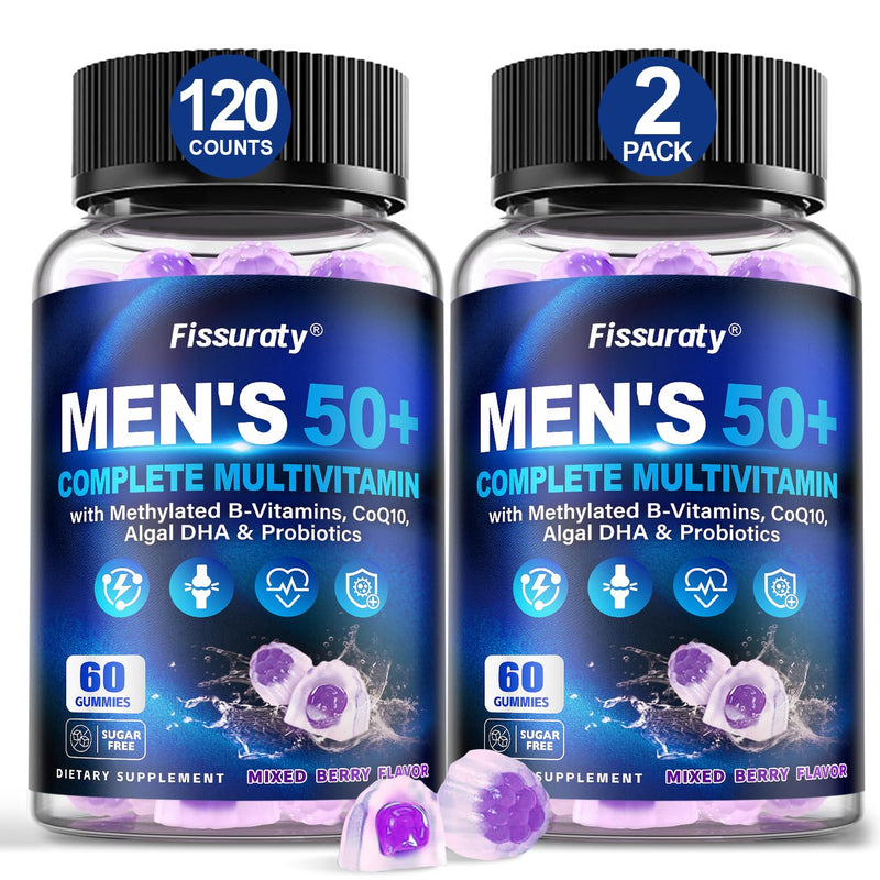 Multivitamin Gummies for Men 50+ - Sugar Free Methylated Multivitamin Gummy | with Methylated B-Vitamins, Omega-3 DHA, CoQ10 & Probiotics - Supports Memory, Energy, Immunity & Digestion - 120 Gummies Mixed Berry 60 Count (Pack of 2)