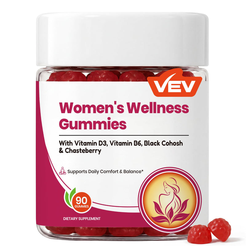VEV Women's Wellness Gummies, Black Cohosh, Chasteberry, D3, B6, 90 Count | black cohosh supplements women & vitex chasteberry supplement for women, Vegan Pectin Gummies, 90 Count 90 Count (Pack of 1)