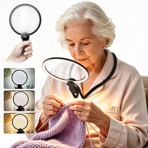 5X Large Rechargeable Hands Free Magnifying Glass with Light for Close Work Black