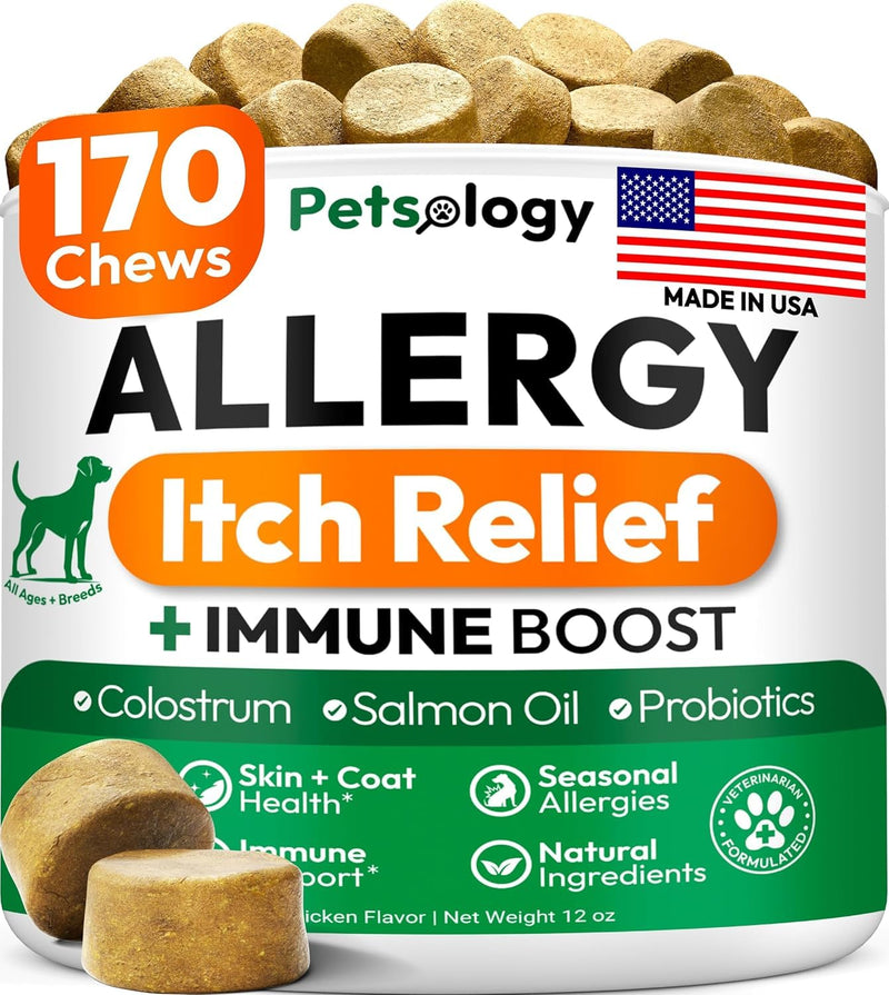 Daily Allergy Support for Dogs – Soft Chew Supplement – Vet Formulated Formula – Skin & Coat Wellness – Made in USA