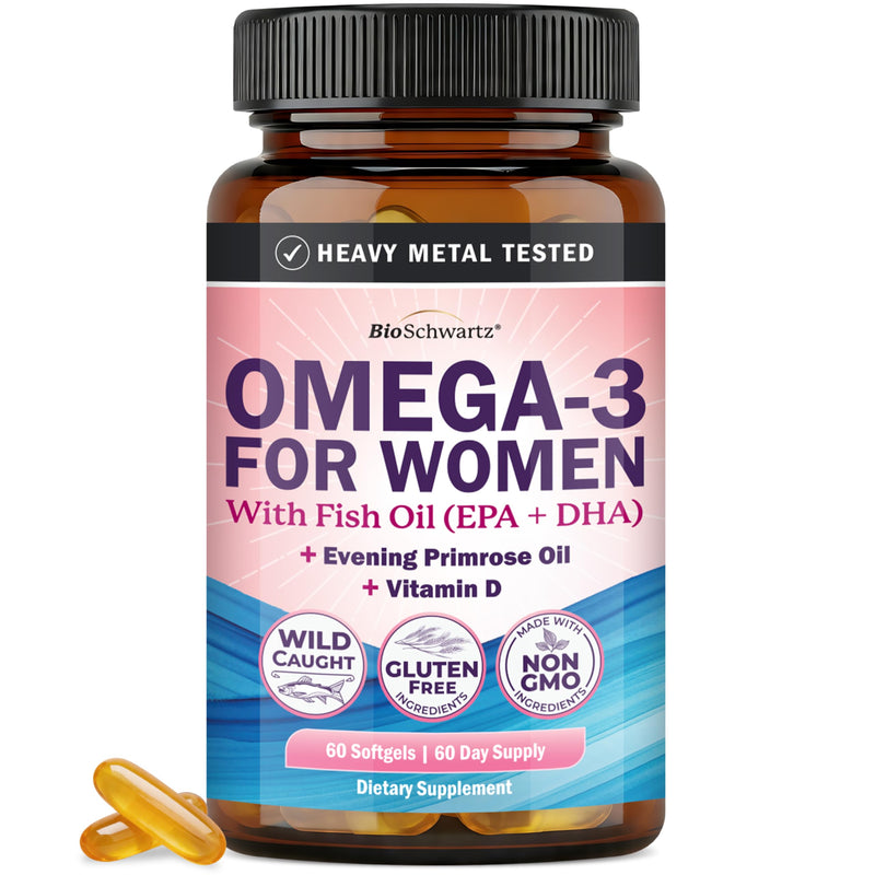 Fish Oil Omega 3 Supplement for Women - 60 Softgels, 60 Day Supply | 600mg Omega 3 EPA + DHA, Evening Primrose Oil, Vitamin D & E - Healthy Skin, Hormone Balance & Heart Health Support 60 Count (Pack of 1)