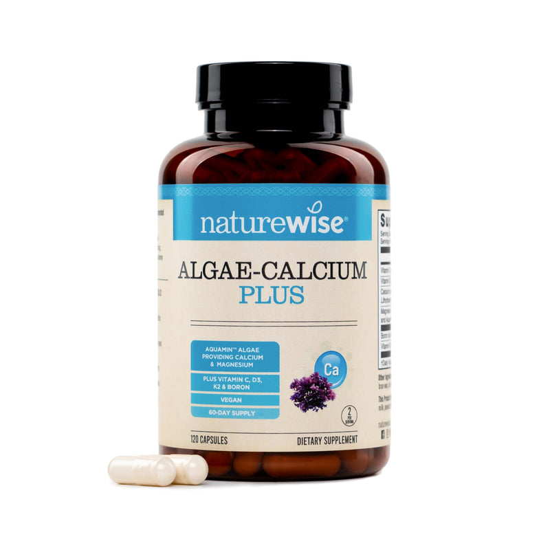NatureWise Algae Calcium Plus - with Aquamin Calcium, Magnesium, Vitamin C, D3, and K2 - Vegan Algae Calcium Supplements for Women & Men - Bone Health Support - Non-GMO - 120 Capsules[60-Day Supply]