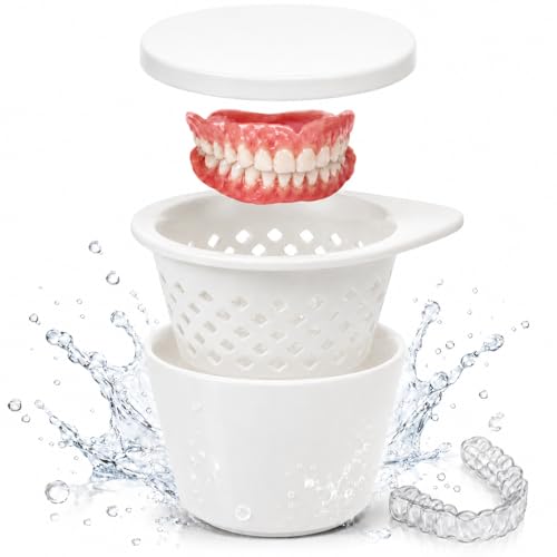 Ceramic Denture Cleaning Cup with Lid & Removable Basket, 3-Piece Stacking Soaking Container for Tablets, Retainer/Aligner/Mouth Guard Case, Hygienic, Spill-Resistant (White) White