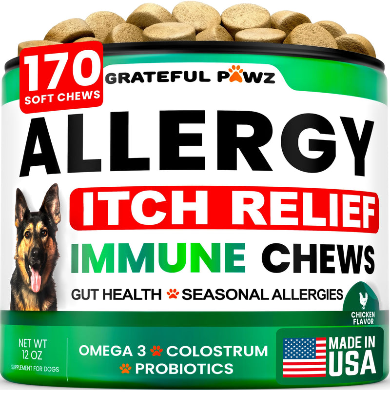 Dog Allergy Chews - Dog Allergy Relief - 170 Treats with Probiotics and Colostrum for Itchy Skin Relief to Support Seasonal Allergy and Healthy Immune System - All Natural Anti-Histamine - Made in USA Allergy&Itch Relief