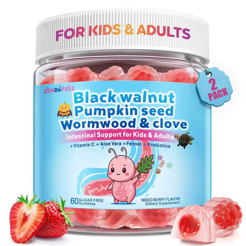 Wormwood Black Walnut Clove Para Clean for Humans & Kids, Herbal Gut Health Gummies with Wormwood, Pumpkin Seeds, Vitamin C, D3, Zinc, Probiotics for Natural Gut Cleanse, Immune Support - 2 PACK 60 Gummies (Pack of 2)