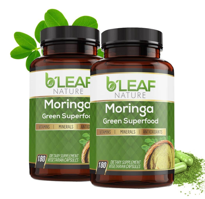 B'LEAF NATURE 2-Pak Moringa Oleifera Capsules, 1000mg, 360 Count | Moringa Powder, Pure Moringa Leaf, Energy Natural Wellness & Immune Support, Vegan, Non-GMO 180 Count (Pack of 2)