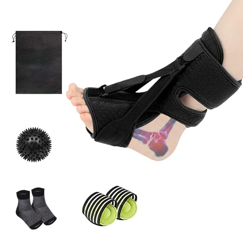 Plantar Fasciitis Night Splint 5-Piece Kit, Foot Drop Brace + Massage Ball + Socks + Arch Support + Bag Black Kit