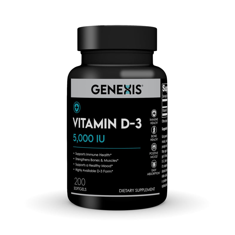 Genexis Vitamin D3 5000 IU (125 mcg) – 200 Softgels | Gluten Free High Potency Cholecalciferol for Immune & Mood Support, and Bone & Muscle Health – Easy-to-Absorb in Olive Oil