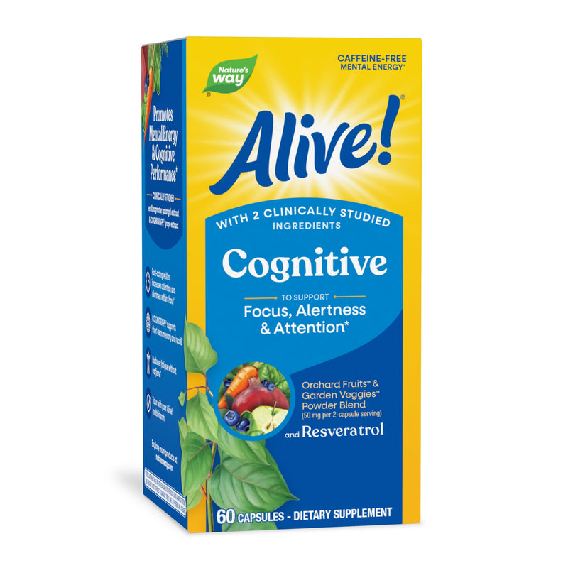 Nature's Way Alive! Cognitive, Supports Focus, Attention, Alertness*, 60 ct | Reduces Fatigue*, Caffeine Free, Mental Energy Support*, Clinically Studied Ingredients, Vegan, Dairy-Free, Gluten-Free