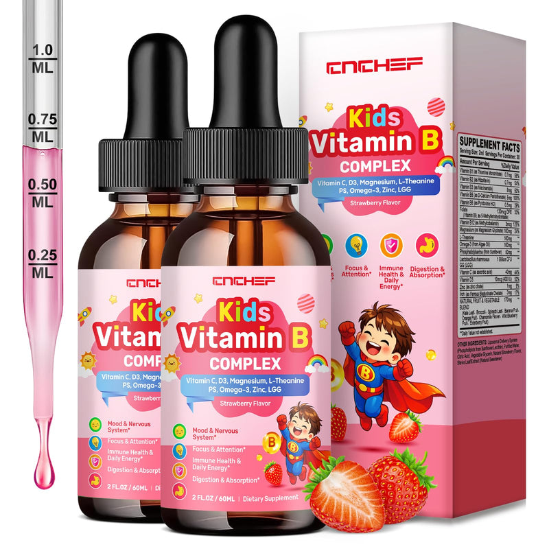 Vitamin B Complex for Kids, B1, B2, B3, B6, B9(Folate), B12, Omega-3 & Magnesium, Kids B Complex Liquid Supplement for Brain, Energy, Focus, Metabolism, Gut & Immune Support,Strawberry Flavor,4 fl oz Strawberry 1 Fl Oz (Pack of 2)