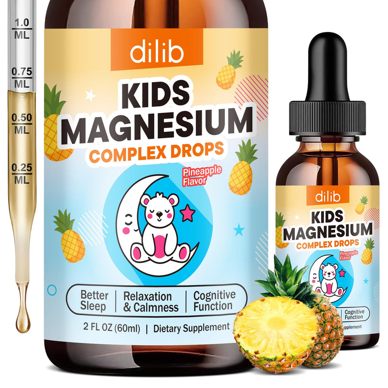 Kids Magnesium Liquid Drops - Liquid Magnesium Glycinate for Kids, Citrate Supplement with L-theanine, Omega-3, Vitamin B12, D3 for Sleep, Calm, Relaxation, Brain, Bones, Pineapple 2 Fl Oz 2 Fl Oz (Pack of 1)