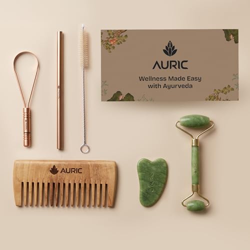 Auric Flow Wellness Kit – Copper Tongue Cleaner, Copper Straw with Cleaner, Neem (Indian Lilac) Wood Comb, Jade Gua Sha & Jade Roller | Daily Ayurvedic Self-Care Ritual Set