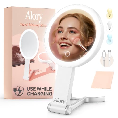 Alory Travel Makeup Mirror with Light, 10X Magnifying Back Side and Rechargeable