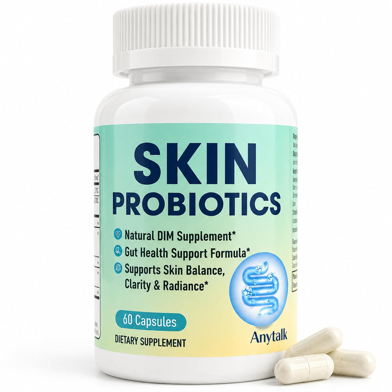 ANYTALK Skin Probiotic Supplement for Women & Men, DIM Capsules for Skin Clarity & Balance, Hormonal Acne Support Formula, Clear Skin Supplement with Vitamins & Enzymes, 60 Capsules