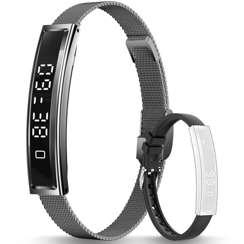 Smart Bracelet Fitness Health Tracker for Men Women with 2 Bands Black Steel + Black Silicone
