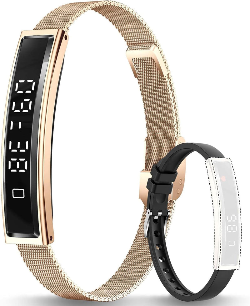 Smart Bracelet for Men Women with 2 Bands 24/7 Fitness Health Tracker Gold Steel + Black Silicone