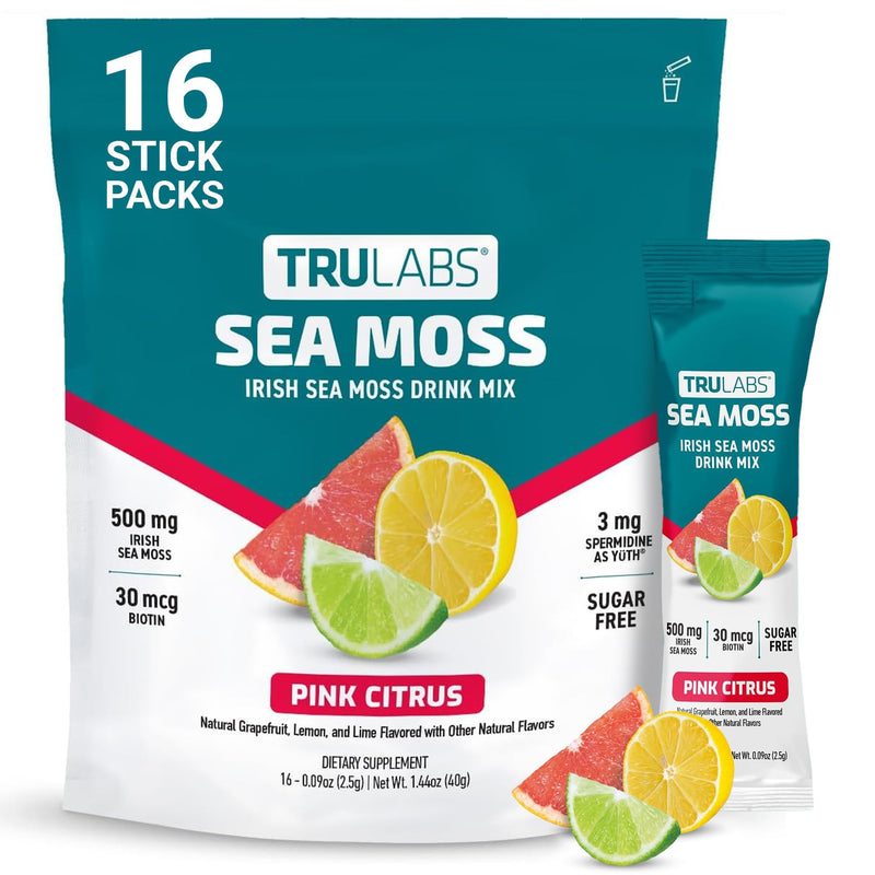 TRULABS Irish Sea Moss Powder Drink Mix – Pink Citrus Flavor, 500 mg Wildcrafted Sea Moss with 30 mcg Biotin and 3 mg Spermidine, Sugar-Free (16 Stick Packs)