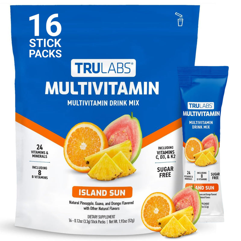 TRULABS Multivitamin Drink Mix – Island Sun Flavor with 24 Vitamins & Minerals, 8 B Vitamins, A, C, D3, E, K2, Sugar Free with Monk Fruit, Dairy Gluten Soy Free, Vegan (16 Stick Packs)