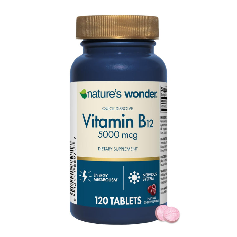 Nature's Wonder Vitamin B12 5000 mcg Quick Dissolve Tablets, High Potency B12 Supplement for Energy Metabolism, Nervous System & Red Blood Cell Support, 120 Tablets, 120 Day Supply