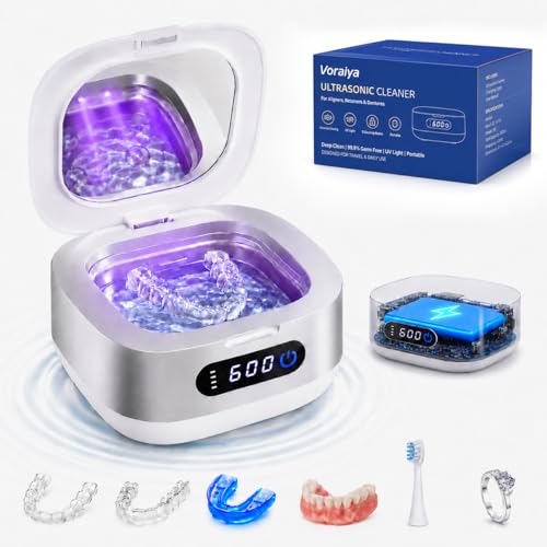 Voraiya Cordless Ultrasonic Retainer Cleaner Machine, 4000mAh Rechargeable Cleaning Pod with UV, IPX6 Portable Denture Cleaner for Mouth Guard, Night Guard, Invisalign Aligners, Adults & Travel Sliver White