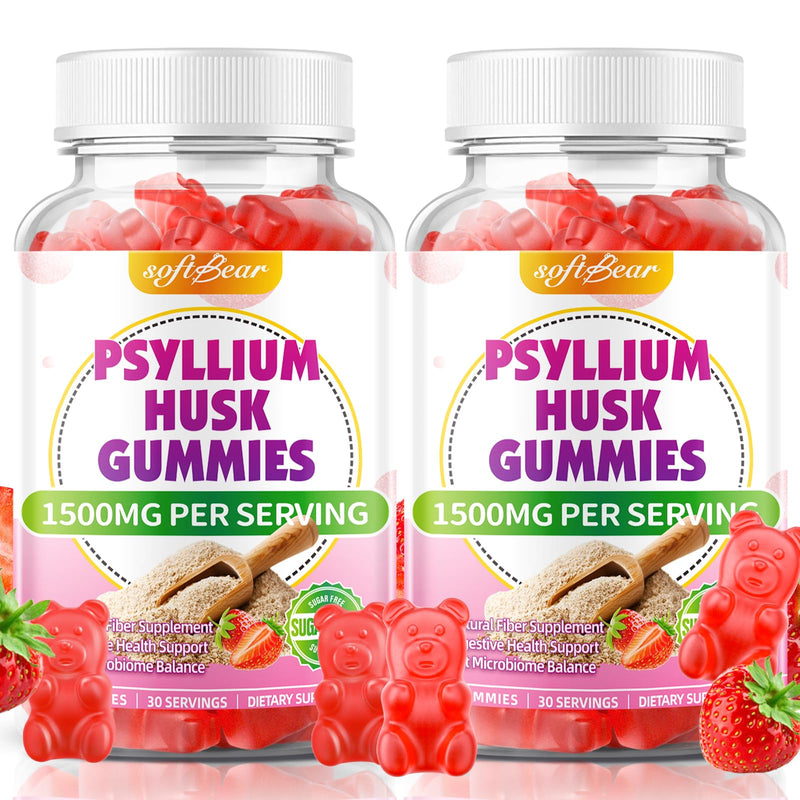 softbear 2 Pack Psyllium Husk Gummies 1500mg, Strawberry Flavor 120 Count | Psyllium Husk Fiber Supplement for Gut & Digestive Health, Regularity Support, Vegan/Organic/Sugar Free 60 Count (Pack of 2)