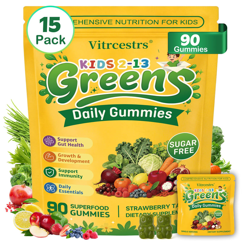 Greens Daily Gummies for Kids, Sugar Free Super Greens Gummies Kids Superfood Multivitamin Gummies with Fruits, Veggies, Alfalfa, Spirulina, Adaptogens, Prebiotic Fiber for Digestive Health, 90 Count