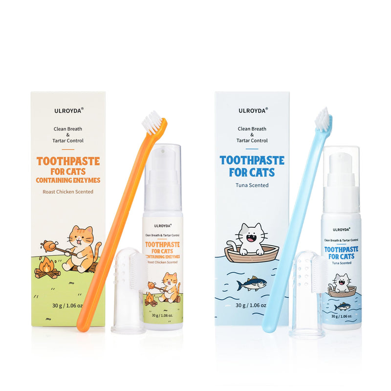 Cat Dental Care Kit – Tuna Flavor & Roast Chicken Toothpaste with Toothbrush & Finger Brush | Gentle Formula, Fresh Breath & Plaque Control