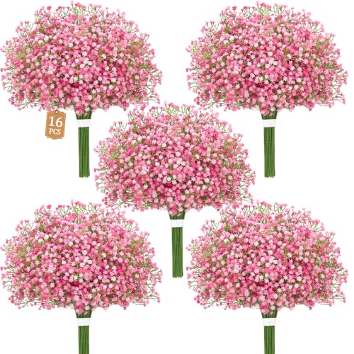 16Pcs Babys Breath Artificial Flowers, Baby Breath Flowers Artificial Bulk Pink 16 Pcs