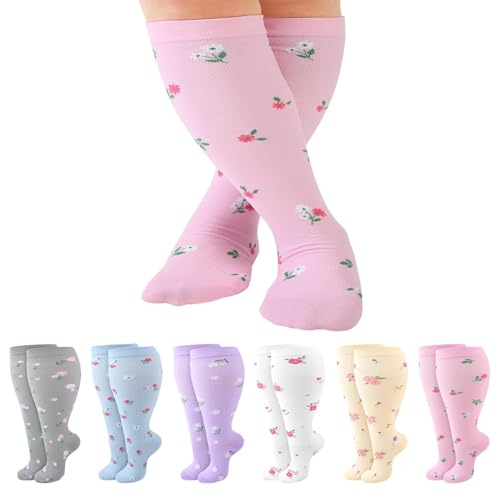 Jspupifip 6 Pairs Plus Size Compression Socks for Women, Wide Calf 4X-Large White, Blue, Pink, Gray, Beige, Purple
