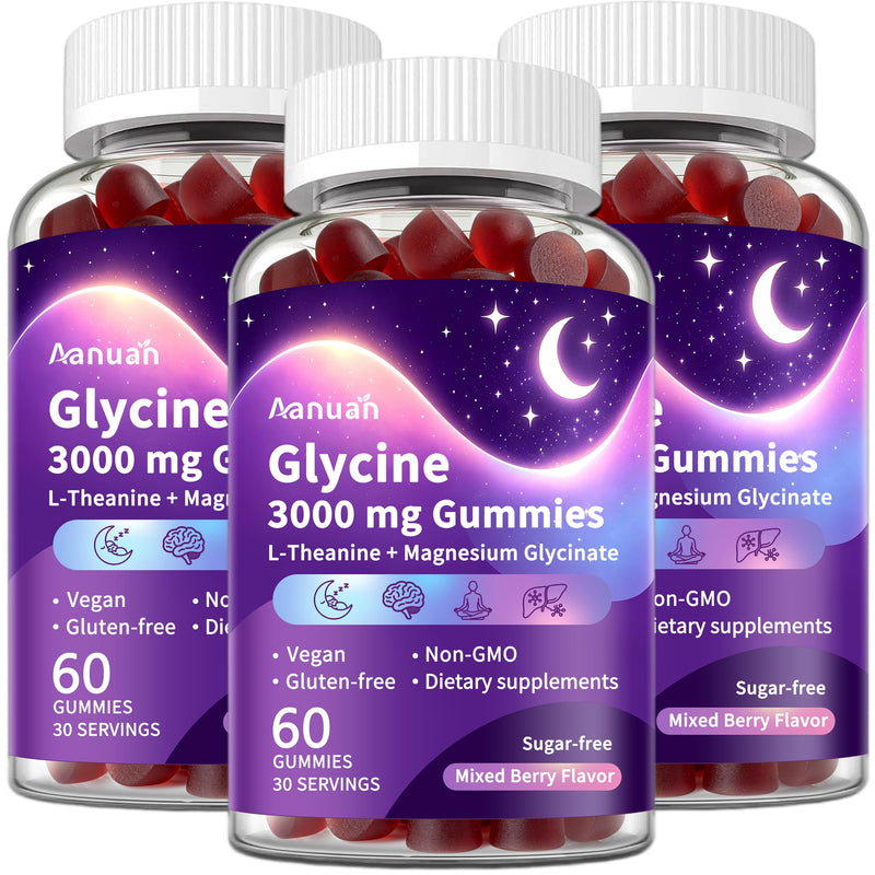 (3 Pack) Glycine Gummies, Glycine 3g With L-theanine & Magnesium Glycinate, Glycine Supplements for Sleep, Detox, Relax, Nerve Support, High Absorption, Sugar Free, Vegan, Non-GMO, Mixed Berry Flavor 60 Count (Pack of 3)