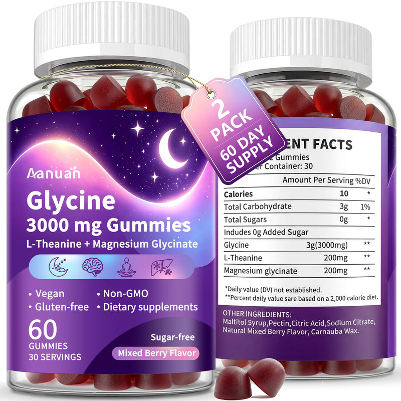 (2 Pack) Glycine Gummies, Glycine 3g With L-theanine & Magnesium Glycinate, Glycine Supplements for Sleep, Detox, Relax, Nerve Support, High Absorption, Sugar Free, Vegan, Non-GMO, Mixed Berry Flavor 60 Count (Pack of 2)