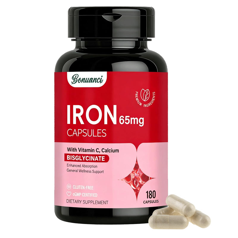 Iron Supplement - Iron 65mg High Absorption Iron Bisglycinate with Vitamin C, Calcium, Gentle Iron Pills for Women Men - Non GMO & Gluten Free, Stomach Friendly, 180 Capsules 180 Count (Pack of 1)