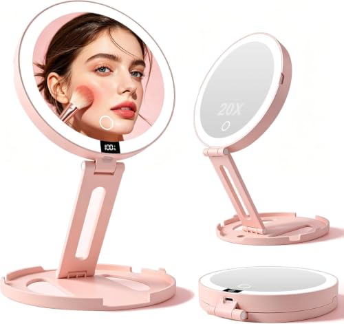 Lighted Travel makeup Mirror,20X/1X Magnification Foldable Vanity Mirror