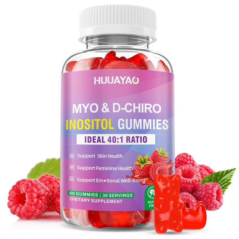 Myo-Inositol & D-Chiro Inositol Gummies, Ideal 40:1 Ratio Inositol Supplement with Vitamin D3, Magnesium Glycinate for Support Hormonal Balance & Wellness, Raspberry Flavor, 60 Count 60 Count (Pack of 1)