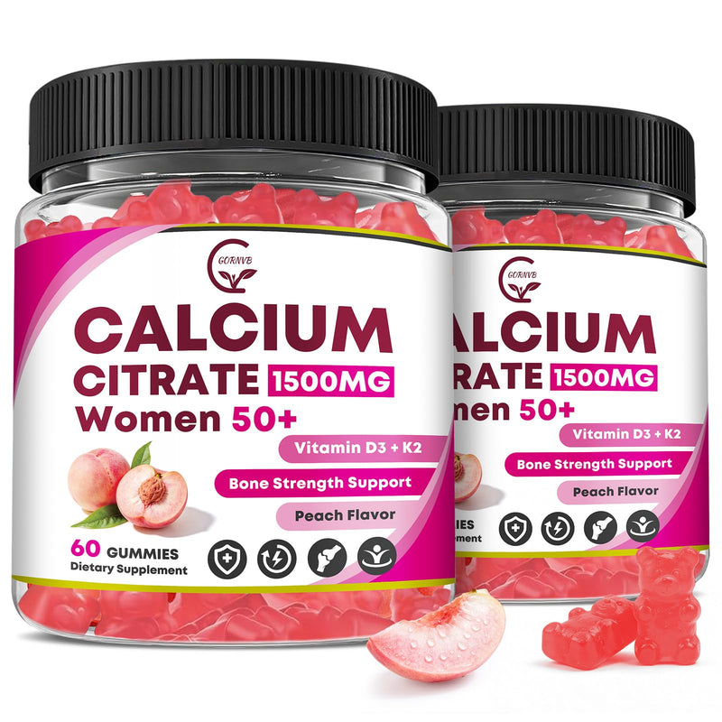 Calcium Citrate 1500 mg Gummies with Vitamin D3 K2 for Women, 60 Day Supply | Calcium Supplements for Women 50 Plus, Bone & Teeth Support, High Absorption, Easy to Digest, Sugar Free, Vegan, Peach Flavor